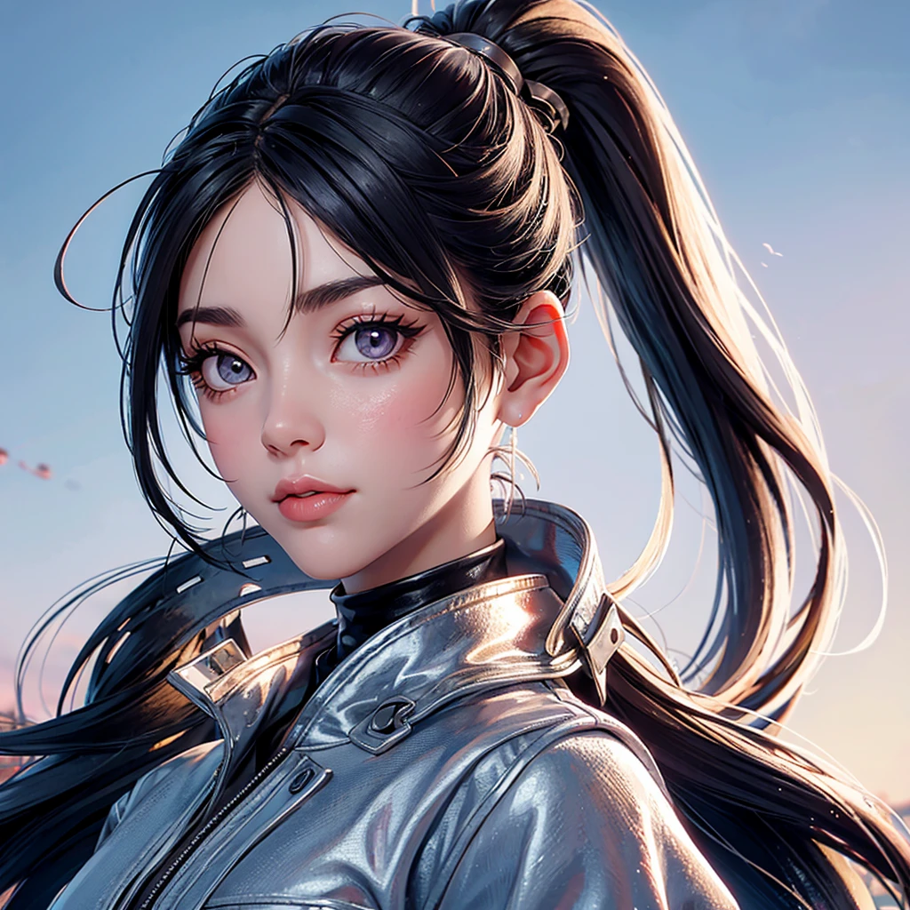 Girl, ponytail brow hair. Silver eyes. Luz do sol ao amanhecer. jacket.