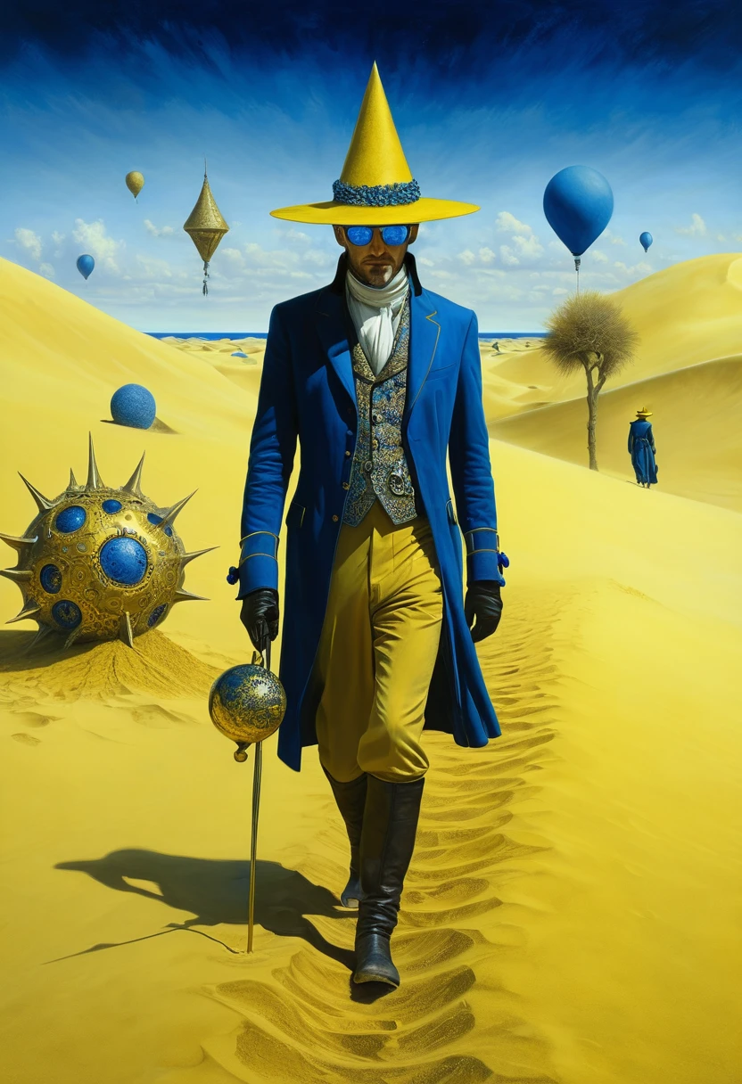 Steampunk dude joining on his dream, exploiting a new world coming into his eyes, walking on a desert of yellow sand, ornaments, horror movie scene, dark blue and light yellow, blue and yellow, royal blue and golden yellow, 4D, 8K, photorealistic, dreamlike, big and complex composition, masterpiece, artwork by Hieronymous Bosch, artwork by Jeremy Mann, artwork by Beksinski, artwork by Bernie Wrightson, artwork by René Magrite, Surrealism, Impressionism