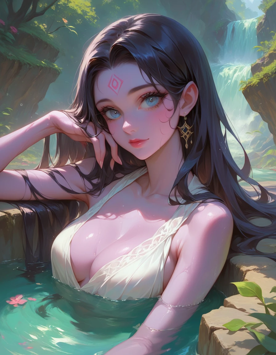 A very beautiful girl happily bathing near a clear and cool waterfall Pink skin Blue eyes Dark hair Detailed face Detailed body Realistic model Highly detailed Natural scenery Cgi 8k resolution