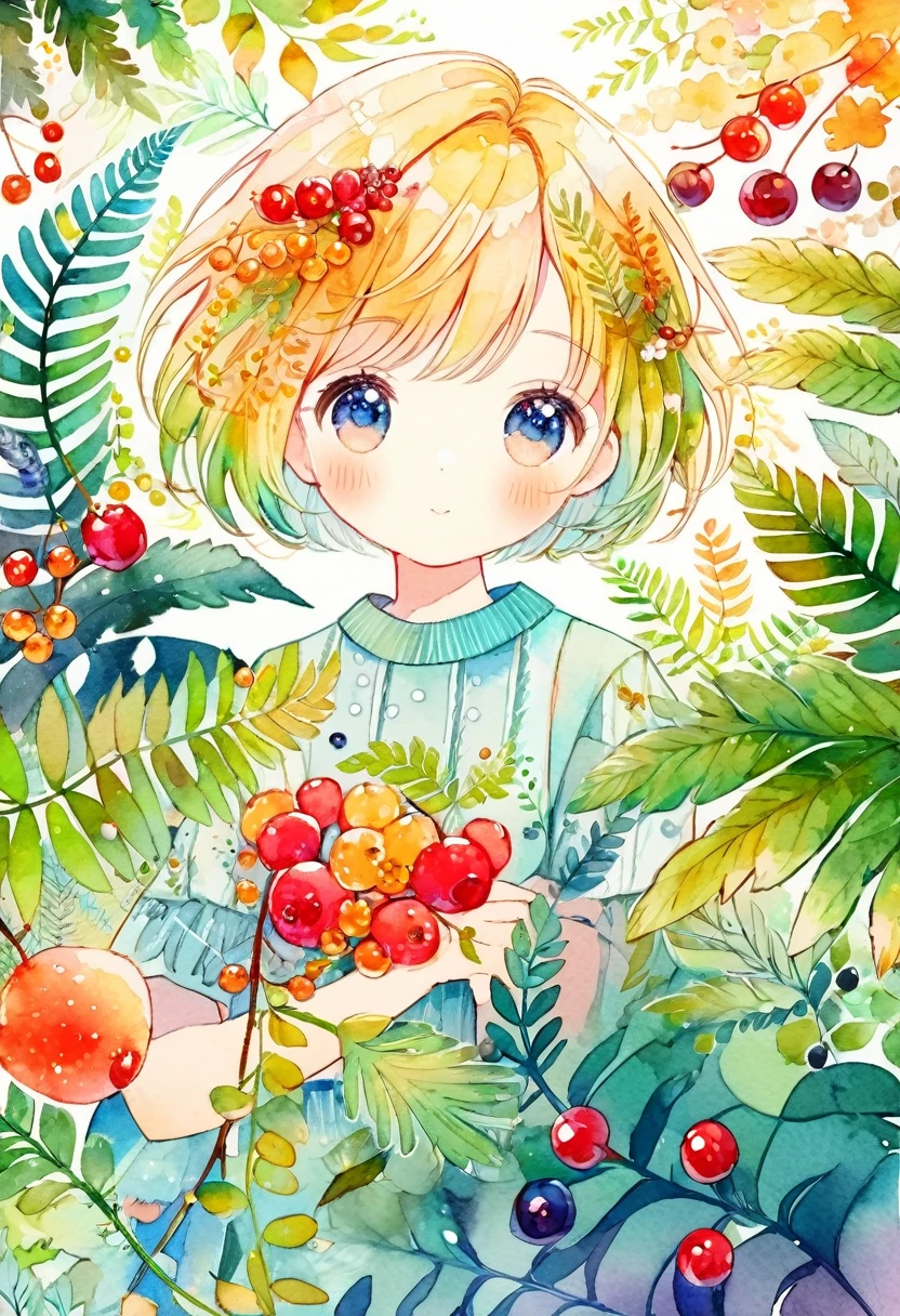 ((super detailed)beautiful flowers, berries, ferns, leaves, watercolor pattern of calming colors)(watercolor texture)(1girl, short hair, cute)