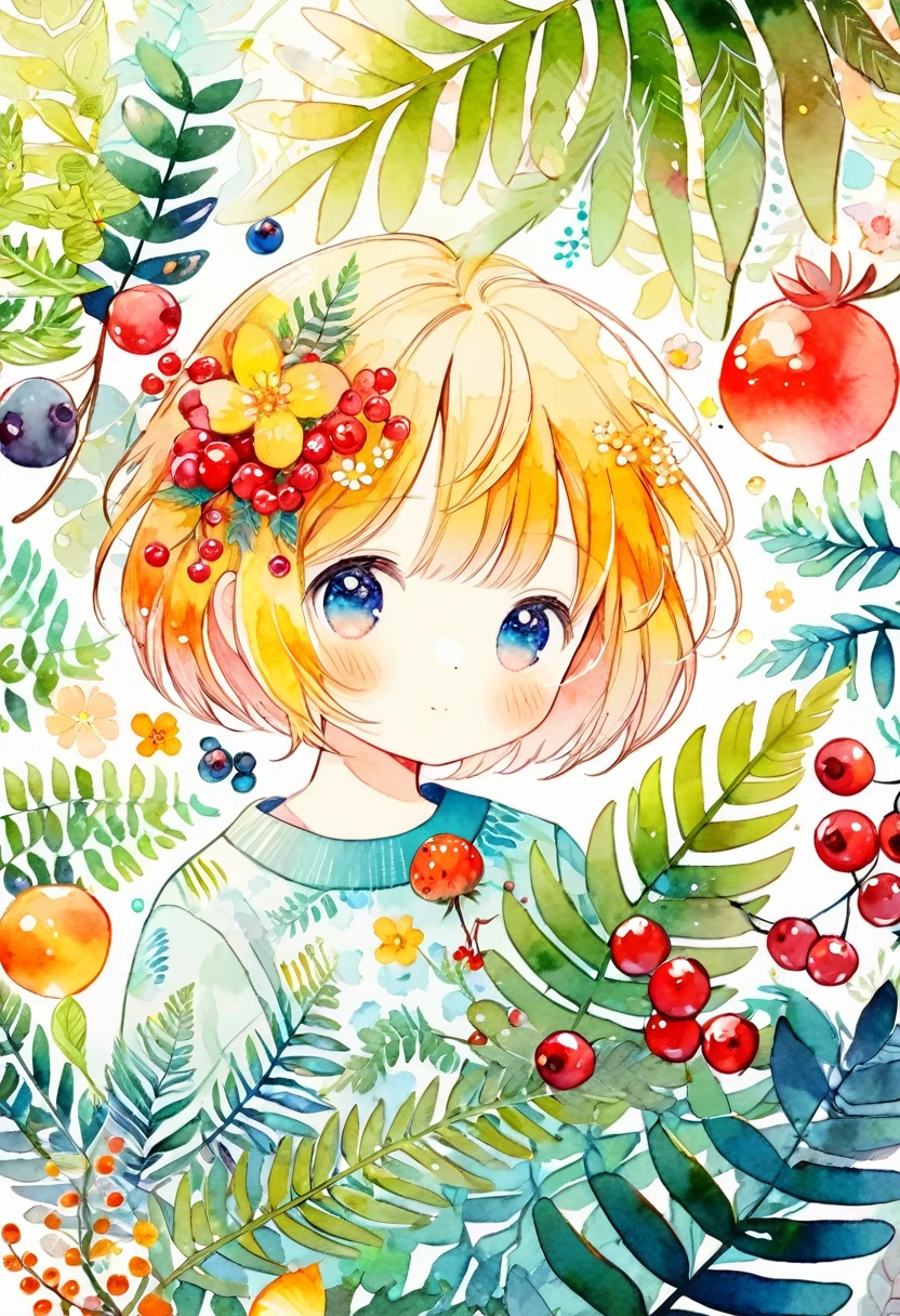 ((super detailed)beautiful flowers, berries, ferns, leaves, watercolor pattern of calming colors)(watercolor texture)(1girl, short hair, cute)