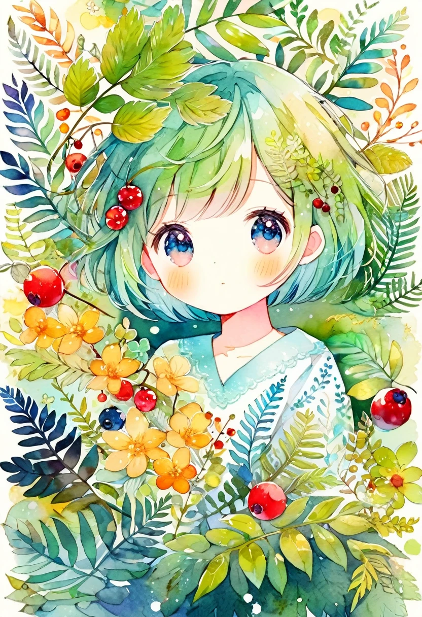 ((super detailed)beautiful flowers, berries, ferns, leaves, watercolor pattern of calming colors)(watercolor texture)(1girl, short hair, cute)