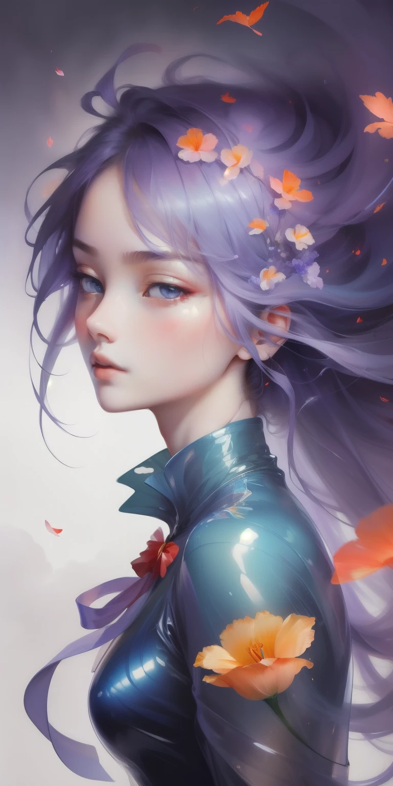 _James Jean, floating female figure made of ribbon., Get rich, in the sky, showy、energetic, Mysterious color, contemporary impressionism, yanjun cheng portrait painting, iridescent paint, 3/4 Perspective, beautiful face, low angle, Sweep and circle composition., beautiful big glass eyes, large iris, ultra high definition, High dynamic range, 8k, (masterpiece:1. 5), (The most beautiful portraits in the world.:1.5)