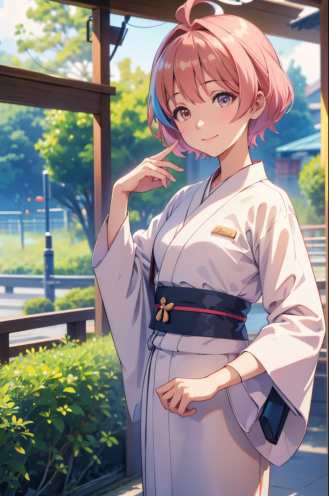 Takanashi hoshino kimono in the morning outdoor  colored hair, short hair