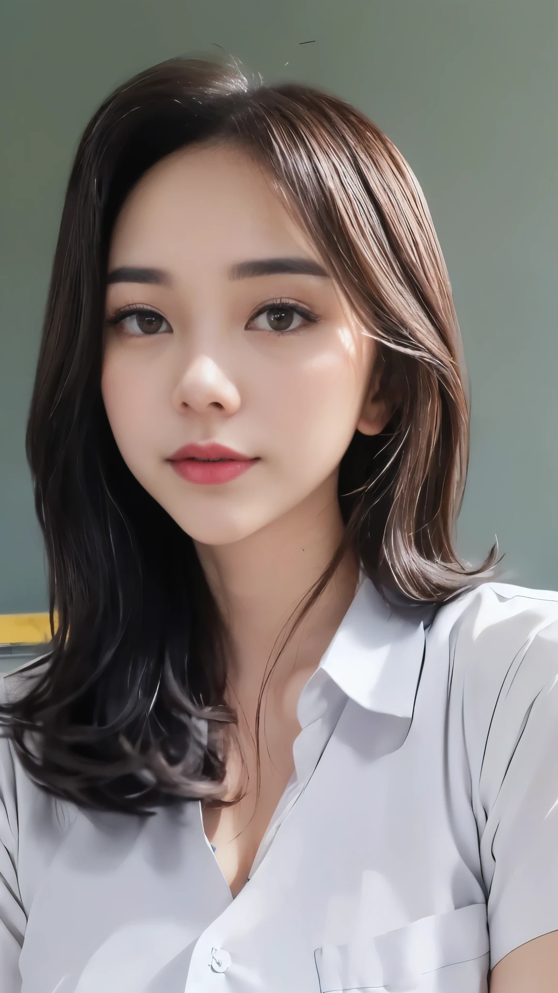 RAW, Best quality, high resolution, masterpiece: 1.3), Beautiful young java woman , seductive pose, standing, open legs, sensual body, big breasts, Best quality, high resolution, Masterpiece: 1.3, Masterpiece, ((At classroom with whiteboard)), highres, 4k, HDR, 1girl, photorealistic, realistic, big breasts, ((whole body)) turning away facial at viewer, closeup, faint smile, crop shirt and pencil skirt