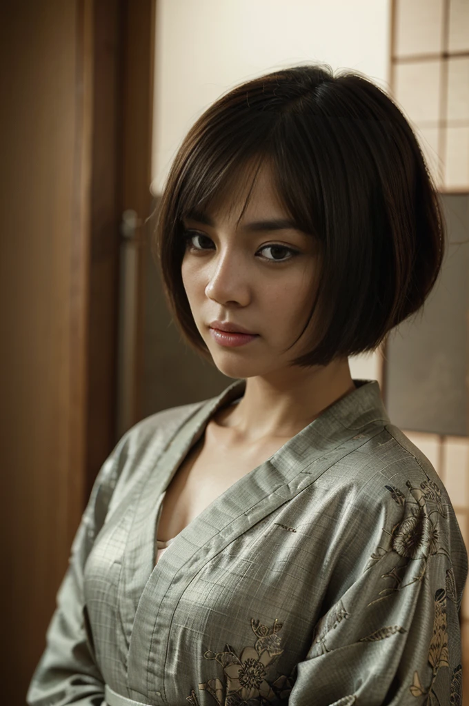 Top Quality, Masterpiece, High Definition, 1girl, Beautiful and Perfect Face, Bob Cut, Japanese Clothing,Kimono, Intricate Details, Cinematic Feel, 8K, Very Detailed