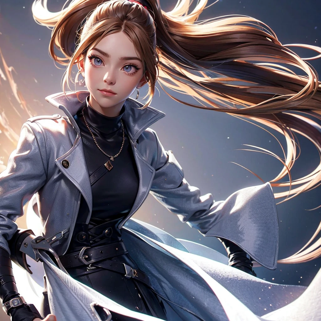 Girl, ponytail, chestnut hair. Silver eyes. Sunlight at dawn. jacket.