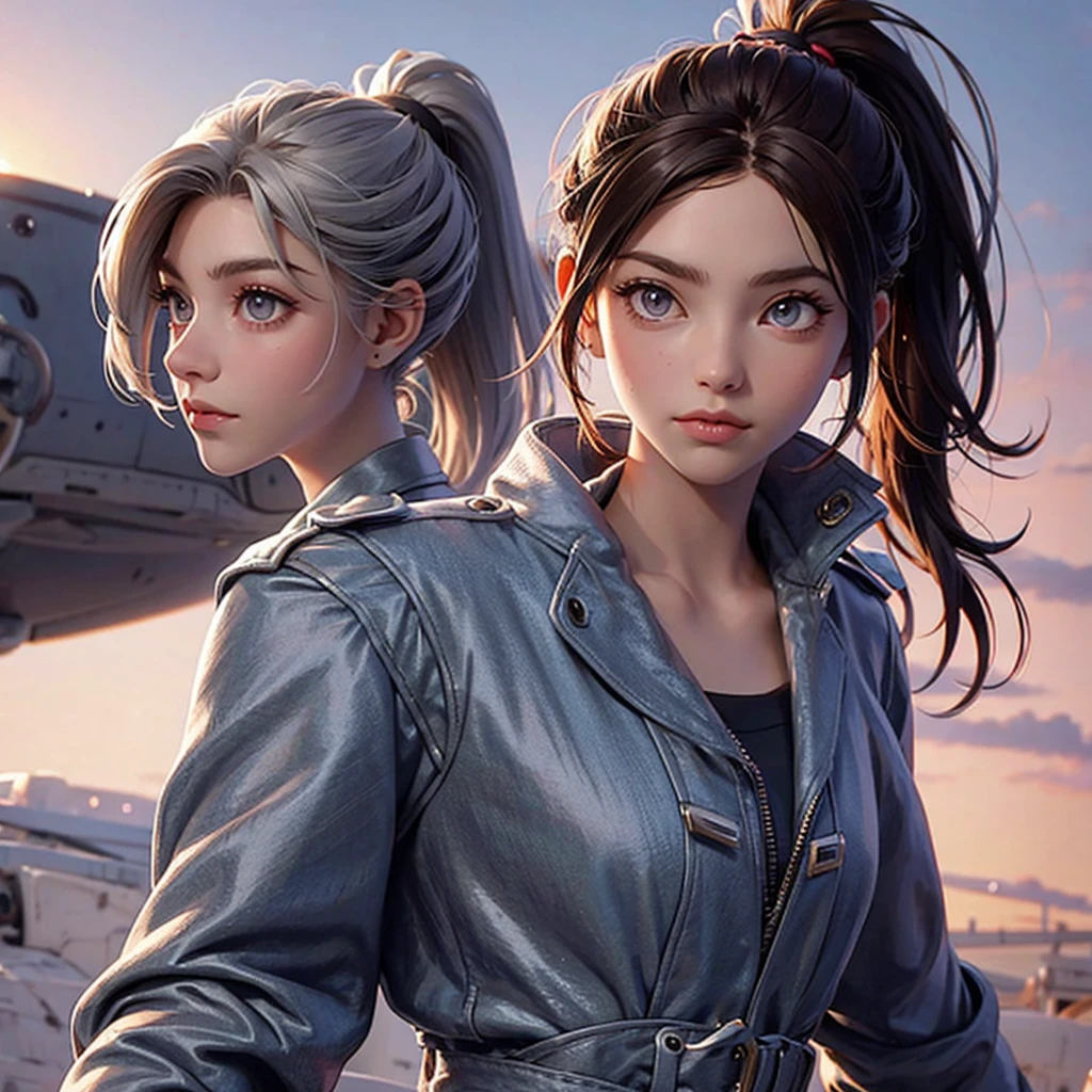 Girl, ponytail, chestnut hair. Silver eyes. Sunlight at dawn. jacket.