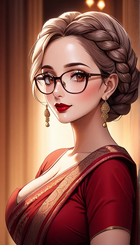 a mature lady with braid hair, wearing aesthetic glasses, face makeup, red lipstick, saree, jhumka earrings, saggy breasts, intricate details, high quality, photorealistic, cinematic lighting, warm color tones, elegant portrait, cleavage,navel
