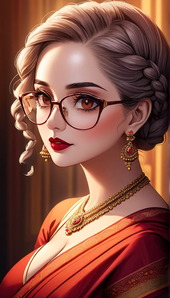 a mature lady with braided hair, wearing aesthetic glasses, face makeup, red lipstick, saree, jhumka earrings, saggy breasts, intricate details, high quality, photorealistic, cinematic lighting, warm color tones, elegant portrait,