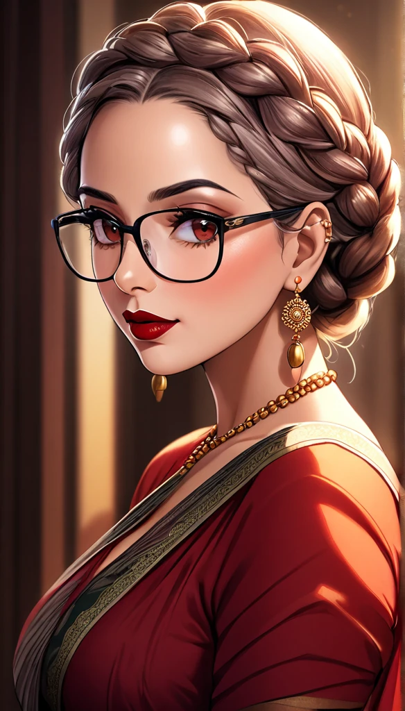 a mature lady with braided hair, wearing aesthetic glasses, face makeup, red lipstick, saree, jhumka earrings, saggy breasts, intricate details, high quality, photorealistic, cinematic lighting, warm color tones, elegant portrait,