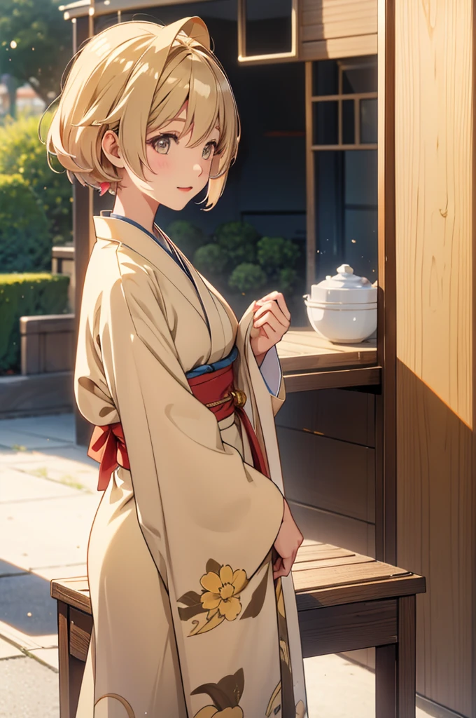 Takanashi hoshino kimono in the morning outdoor  beige colored hair