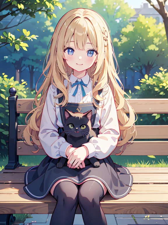 Park with a fountain、Ultra-fine illustrations、High resolution、Detailed facial depiction、（A young girl *******************、cute）、Long wavy blonde hair、smile、Sit on a bench、Next to the girl is a black cat１Animals、Anatomically correct、Accurate hand drawing