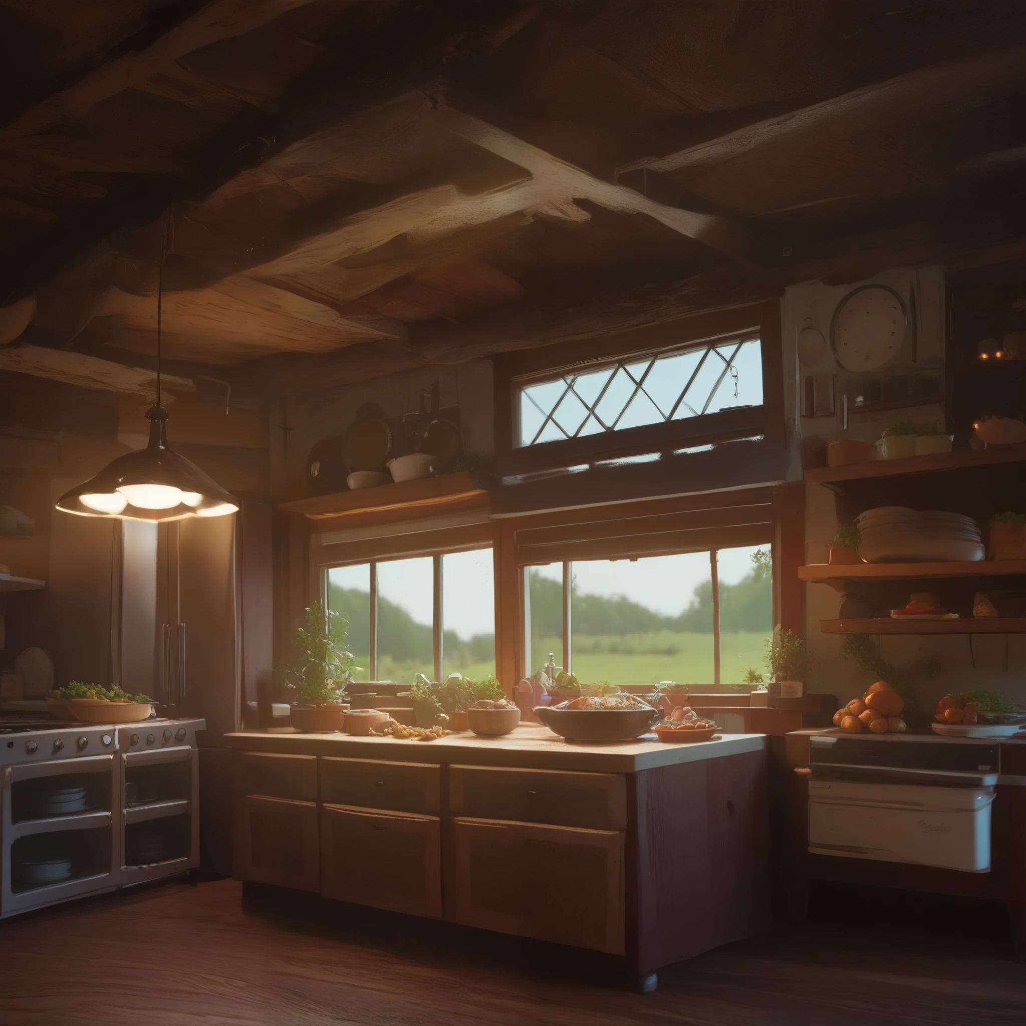 Farmhouse kitchen with lights illuminating the space, a kitchen counter with food on top, a refrigerator, stove, various details, a window reflecting the flowery field outside. Luxurious and beautiful kitchen.