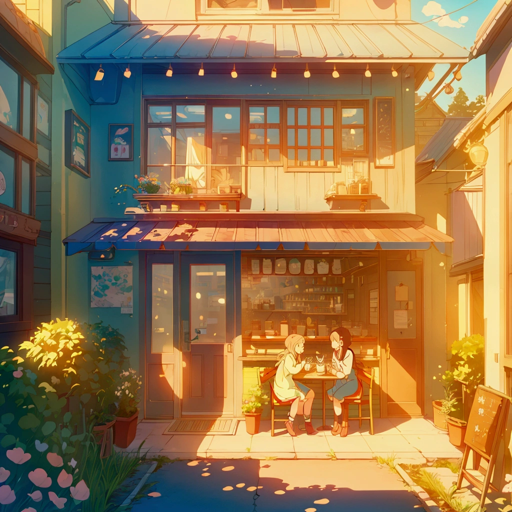 cozy cafe in a rular town, spring vibes, very very cute and feel good vibes, ghibli style illustration