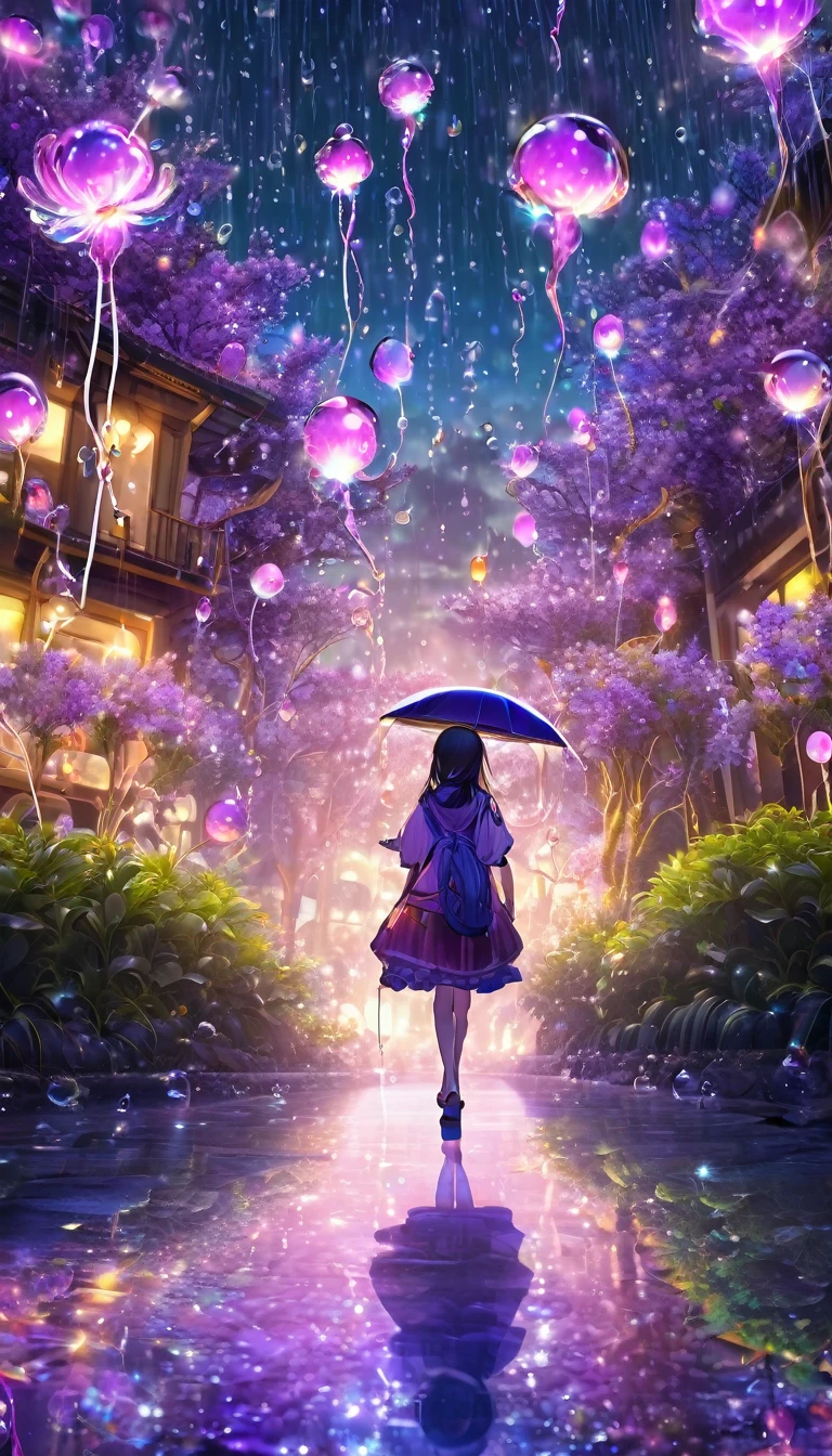 ((nekomimi)), Kawaii art, ((girl)), ((world of lolipop)), ((sparkling)), sweet art, full body depiction, dynamic angle, vibrant color, warm light, A (((living Luminous {{nekomimi}}  girl:1.2))), (long expose style veiw) a garden of  transparent biolumencesnt velly of dark violet and white  glowing Lavender  Plant flower on branch of trees flowers in night time, in monsoon sesion raining sky, water drops on flower, with a mesmerizing glow composed of interwoven soapy waterdrops in multiple colours, ethereally diffusing a soft light that brings a surreal radiance to a (duskily shadowed environment), the vivid glow like optical ilusion, mind trick, liquid, dark transparent Change the eye color so that they are completely glowing a each other, best quailty and make it in (4k) resolution) glowing eyes melting part of shadow maze landscape, high detailed, high quality, ink art, realistic anime, starrystarscloudcolorful, wild nature oil painting