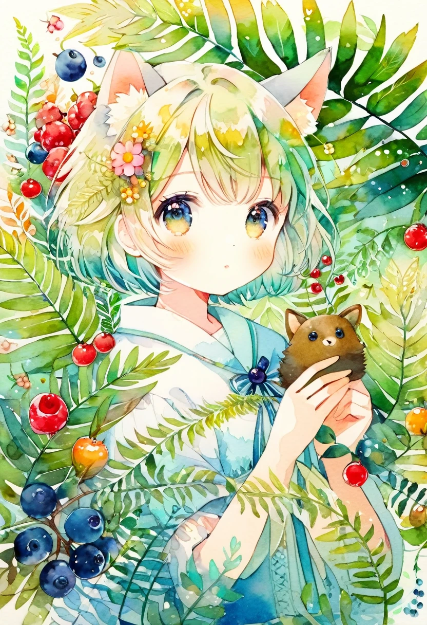 ((super detailed)beautiful flowers, berries, ferns, leaves, watercolor pattern of calming colors)(watercolor texture)(1girl, kemono, furry, short hair, cute)