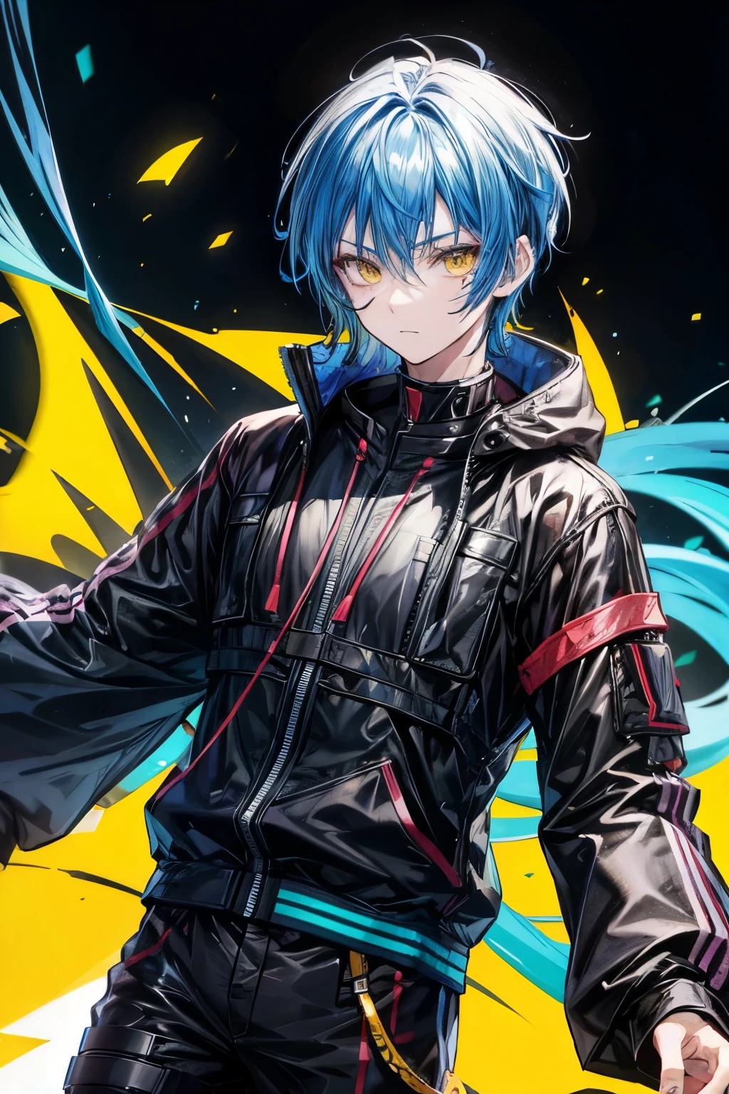 anime character, male, teenager, yellow eyes, anime style, casual clothes, blue haired, one character, techwear, short-haired with face tattoos