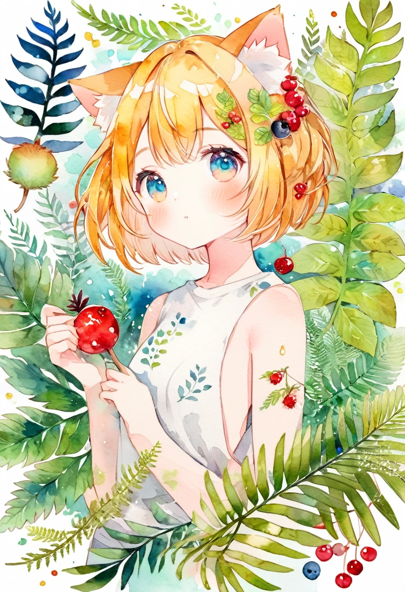 (watercolor texture)cover page, highres, top quality, best quality, paid reward available, unparalleled masterpiece, perfect artwork, absurdres, High-quality illustrations, super high resolution, detailed background, perfect anatomy(1girl, kemono, furry, short hair, cute)(beautiful flowers, berries, ferns, leaves, watercolor pattern of calming colors),