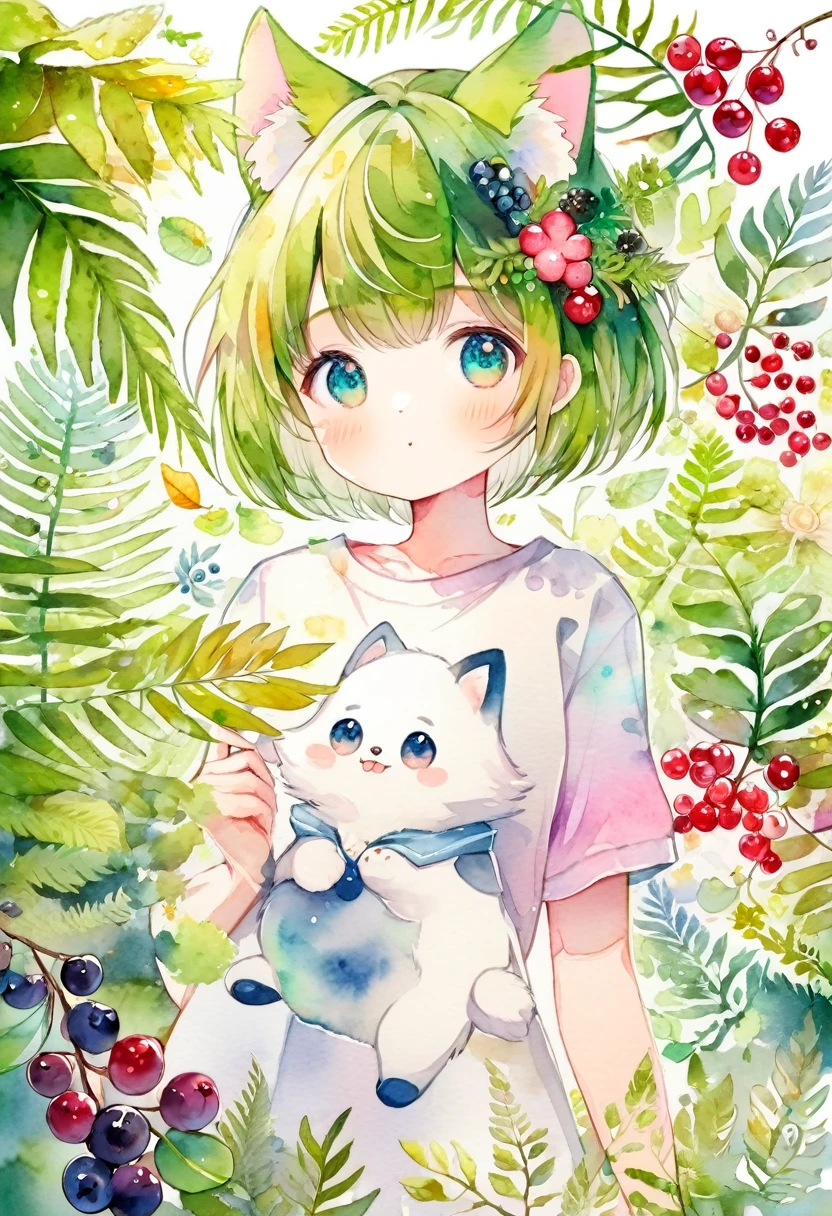 (watercolor texture)cover page, highres, top quality, best quality, paid reward available, unparalleled masterpiece, perfect artwork, absurdres, High-quality illustrations, super high resolution, detailed background, perfect anatomy(1girl, kemono, furry, short hair, cute)(beautiful flowers, berries, ferns, leaves, watercolor pattern of calming colors),