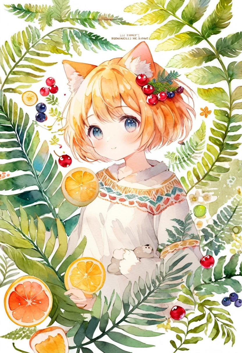 (watercolor texture)cover page, highres, top quality, best quality, paid reward available, unparalleled masterpiece, perfect artwork, absurdres, High-quality illustrations, super high resolution, detailed background, perfect anatomy(1girl, kemono, furry, short hair, cute)(beautiful flowers, berries, ferns, leaves, watercolor pattern of calming colors),