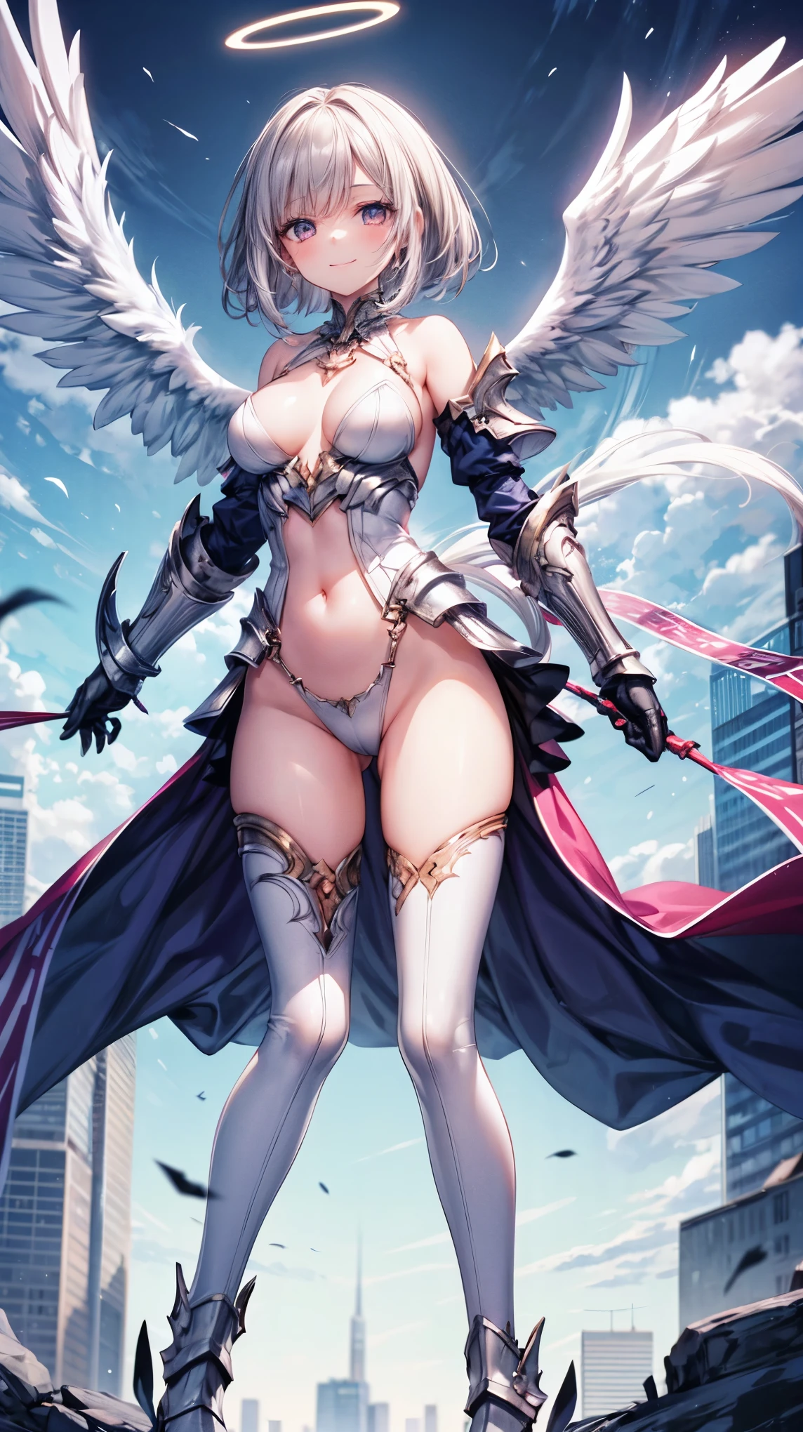 fantasy, 1angel_girl,(_teen:, ,brown_hair, medium_bob_hair, long_bangs, halo,bare_shoulder,thighhighs,silver_armor, waist_armor, large_breasts,1pair_wings, dynamic_pose_fighting,floating, bare_crotch, headgear,gauntlet, greaves,city_landscape_background,slightly_spread_legs, solo, groin_naked,smile,