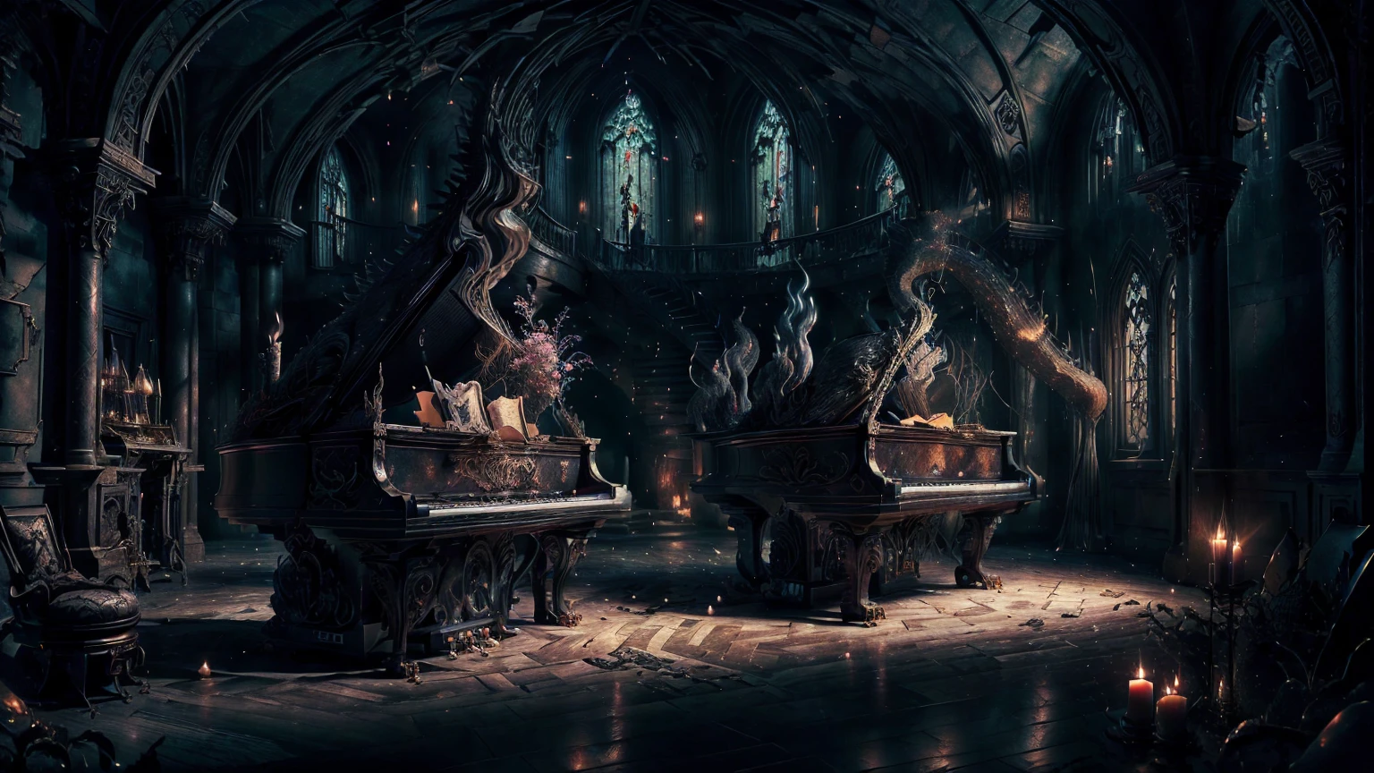 Create a visually stunning scene where an Emo-Girl Princess sits in a gothic castle, playing a grand piano. The princess is dressed in an elegant black dress with lace and embellishments, with dark, wavy hair highlighted with colorful streaks, and striking, dark makeup. Her fingers glide over the piano keys, her eyes filled with melancholy and passion.
In the background, several enormous dragons rest in a grand, open hall. The dragons have shimmering scales in various colors, and some of them watch the princess intently as she plays. A few dragons breathe small flames or smoke, which rises into the cool air of the castle.
The scene is bathed in dim, mystical light, with candles gently flickering and moonlight streaming through the tall castle windows. The atmosphere is magical and mysterious, with a touch of melancholy and beauty. The sound of the piano echoes through the hall, creating a haunting, emotional mood.
