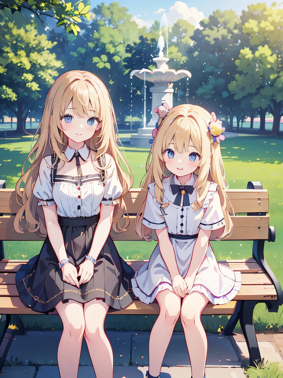 Park with a fountain、Ultra-fine illustrations、High resolution、Detailed facial depiction、(A young girl 、cute)、Long wavy blonde hair、smile、Sit on a bench、Next to the girl is a black cat1Animals、Anatomically correct、Accurate hand drawing