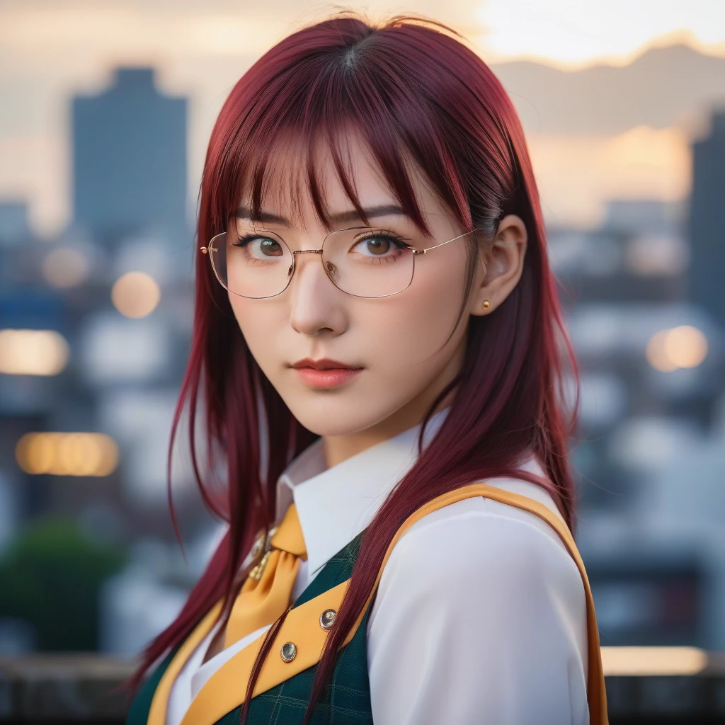 Medium close-up realistic 8K raw photography, (Captivating makinami mari illustrious portrait:1.3), Balanced composition, Piercing gaze, Intricate attire, (Emotive expression:1.2), Urban cityscape background, Contrasting colors, (Soft natural light:1.3), Shot with a Nikon D850, Nikkor 85mm f/1.4 lens, Crisp details, Realistic skin tones, Emotional depth