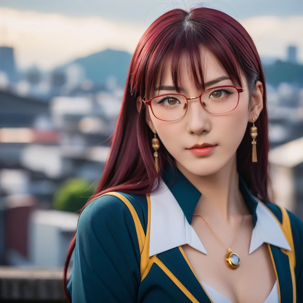 Medium close-up realistic 8K raw photography, (Captivating makinami mari illustrious portrait:1.3), Balanced composition, Piercing gaze, Intricate attire, (Emotive expression:1.2), Urban cityscape background, Contrasting colors, (Soft natural light:1.3), Shot with a Nikon D850, Nikkor 85mm f/1.4 lens, Crisp details, Realistic skin tones, Emotional depth