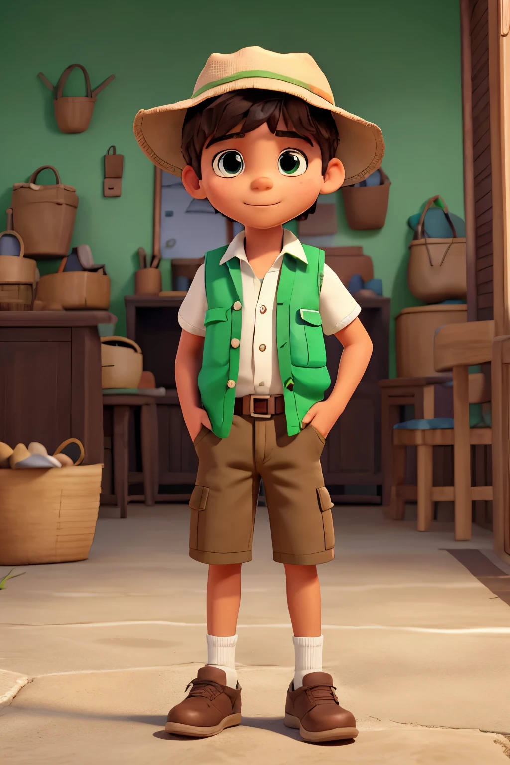 make a boy around 6 , with a safari vest, with a white blouse under the green vest, um shorts jeans azul claro, hair color is brown, eyes browns, dark-skinned, wearing a bucket hat the same color as his vest, I DON&#39;T want him cross-eyed, that a child, noshoes with a white sock