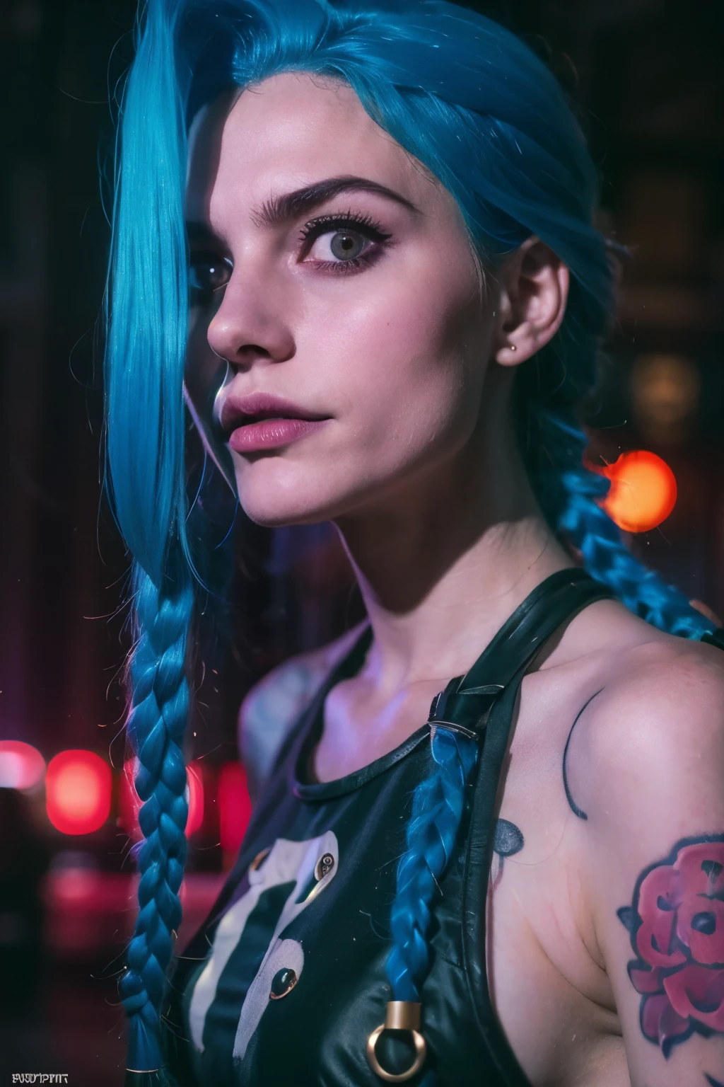 Close-up face. Hyper realistic super detailed Jinx cosplay , ((Young teen girl, 15 years old)) , Very detailed, (hyper realistic: 1.4), in dynamic pose, angry face, twin braids, long hair, blue hair, ( red eyes) , ((tattooed arm)) , (((angry face))), arcane style. ((Grunge wall Neon grafitti background, cinematic lighting)).