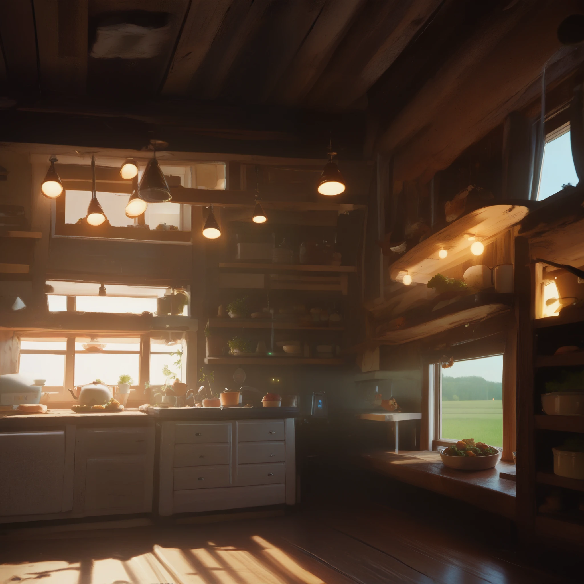 Farmhouse kitchen with lights illuminating the space, a kitchen counter with food on top, a refrigerator, stove, various details, a window reflecting the flowery field outside. Luxurious and beautiful kitchen.