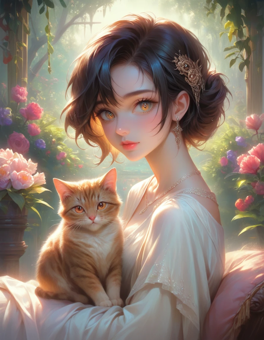 cute boy, 1boy, beautiful detailed eyes, beautiful detailed lips, extremely detailed face and features, longeyelashes, beautiful cat, sitting together, cozy warm lighting, vibrant colors, highly detailed, intricate, photorealistic, masterpiece, 8k, ultra-detailed, realistic, soft lighting, natural colors, beautiful scenery, garden, flowers, trees, warm atmosphere