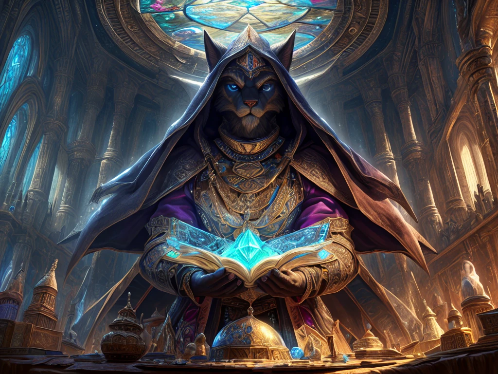 high details, best quality, 8k, [ultra detailed], masterpiece, best quality, (extremely detailed), dynamic angle, ultra wide shot, photorealistic, RAW, fantasy art, dnd art, fantasy art, realistic art, a wide angle view wallpaper of a wizard (intense details, Masterpiece, best quality: 1.5) looking into his [[cell phone]] (intense details, Masterpiece, best quality: 1.5), blue magical energy from the cell phone V0id3nergy (intense details, Masterpiece, best quality: 1.5) there is a crystal ball on the table, feline female wizard, fantasy wizard (intense details, Masterpiece, best quality: 1.5), D&D wizard, mature feline female, (intense details, Masterpiece, best quality: 1.5), [[anatomically correct]], dynamic hair, big breasts, dynamic eyes, wearing magical robe, covered mouth, only eyes visible, (intense details, Masterpiece, best quality: 1.5), dynamic colors, ultra detailed face (intense details, Masterpiece, best quality: 1.5), in her laboratory (intense details, Masterpiece, best quality: 1.5), many magical tomes, magical library (intense details, Masterpiece, best quality: 1.5), many magical vials, ultra wide angle from a medium distance, dark background, dark place, light only in front of character
