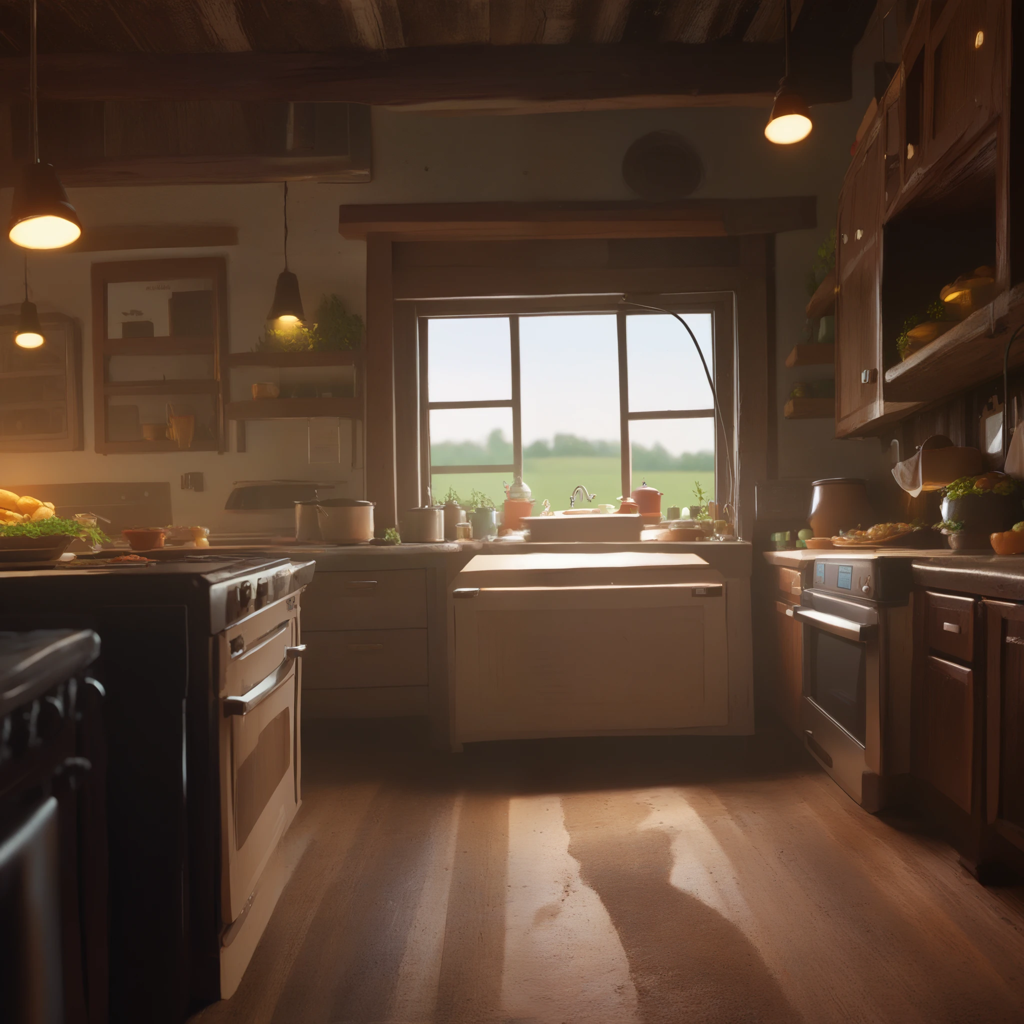 Farmhouse kitchen with lights illuminating the space, a kitchen counter with food on top, a refrigerator, stove, various details, a window reflecting the flowery field outside. Luxurious and beautiful kitchen.