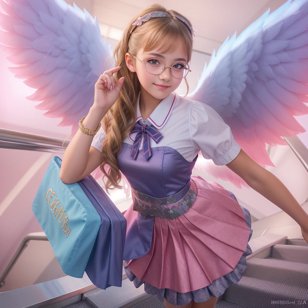 a gorgeous -old girearing a school outfit, pink satin circle skirt, white top, angel wings, glasses, standing on escalator stairs, cute smirk, extremely detailed, 8k high quality detailed art, high detailed official artwork