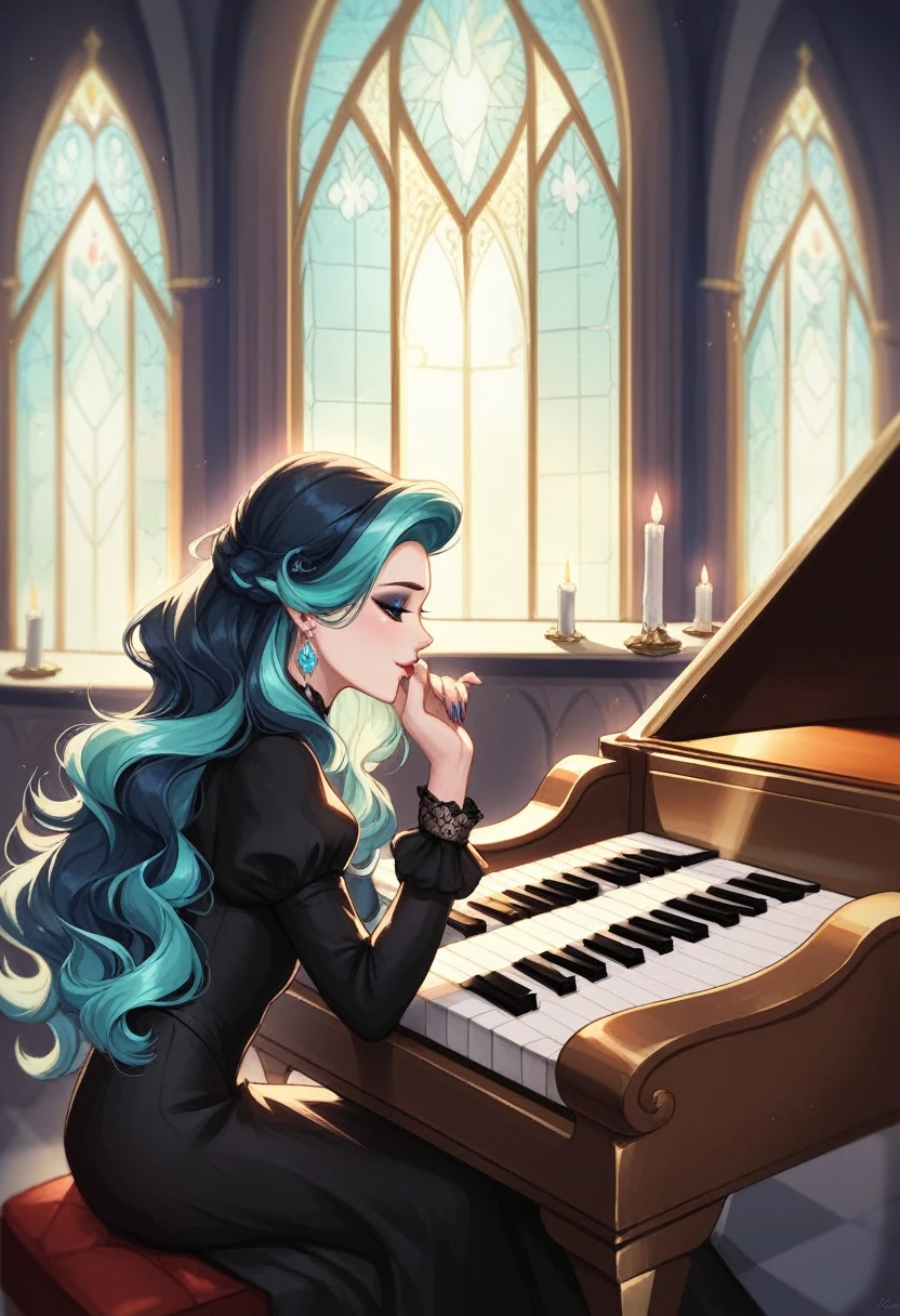 Create a visually stunning scene where an Emo-Girl Princess sits in a gothic castle, playing a grand piano. The princess is dressed in an elegant black dress with lace and embellishments, with dark, wavy hair highlighted with colorful streaks, and striking, dark makeup. Her fingers glide over the piano keys, her eyes filled with melancholy and passion.
In the background, several enormous dragons rest in a grand, open hall. The dragons have shimmering scales in various colors, and some of them watch the princess intently as she plays. A few dragons breathe small flames or smoke, which rises into the cool air of the castle.
The scene is bathed in dim, mystical light, with candles gently flickering and moonlight streaming through the tall castle windows. The atmosphere is magical and mysterious, with a touch of melancholy and beauty. The sound of the piano echoes through the hall, creating a haunting, emotional mood.
