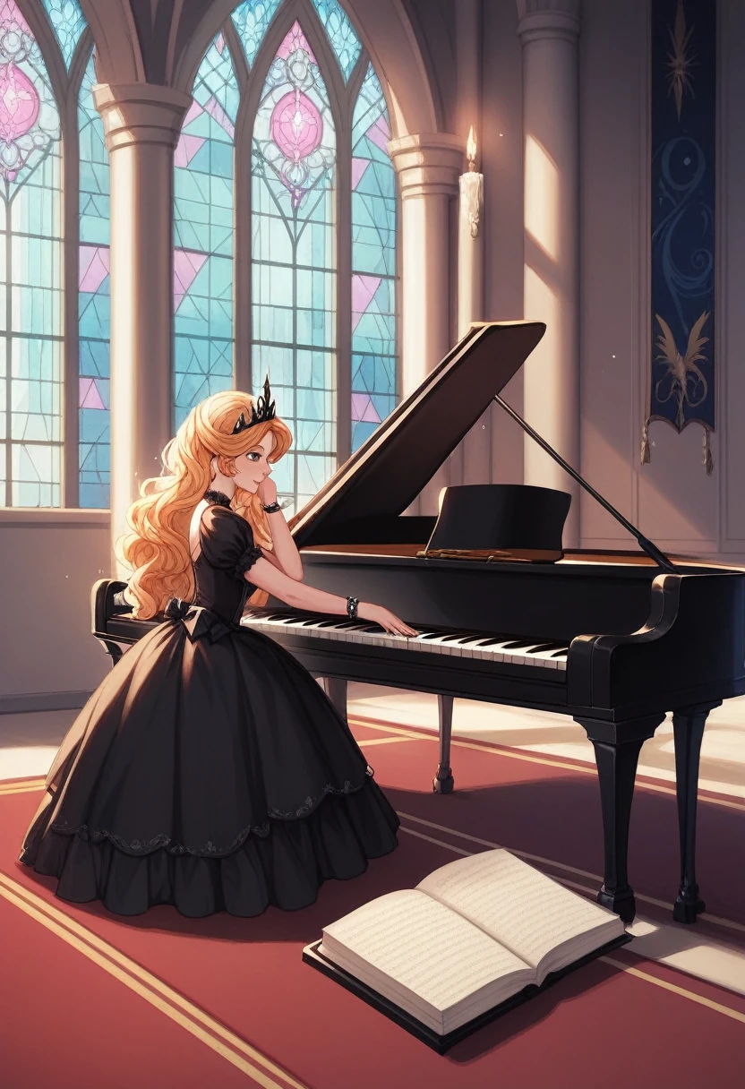 Create a visually stunning scene where an Emo-Girl Princess sits in a gothic castle, playing a grand piano. The princess is dressed in an elegant black dress with lace and embellishments, with dark, wavy hair highlighted with colorful streaks, and striking, dark makeup. Her fingers glide over the piano keys, her eyes filled with melancholy and passion.

In the background, several enormous dragons rest in a grand, open hall. The dragons have shimmering scales in various colors, and some of them watch the princess intently as she plays. A few dragons breathe small flames or smoke, which rises into the cool air of the castle.

The scene is bathed in dim, mystical light, with candles gently flickering and moonlight streaming through the tall castle windows. The atmosphere is magical and mysterious, with a touch of melancholy and beauty. The sound of the piano echoes through the hall, creating a haunting, emotional mood.