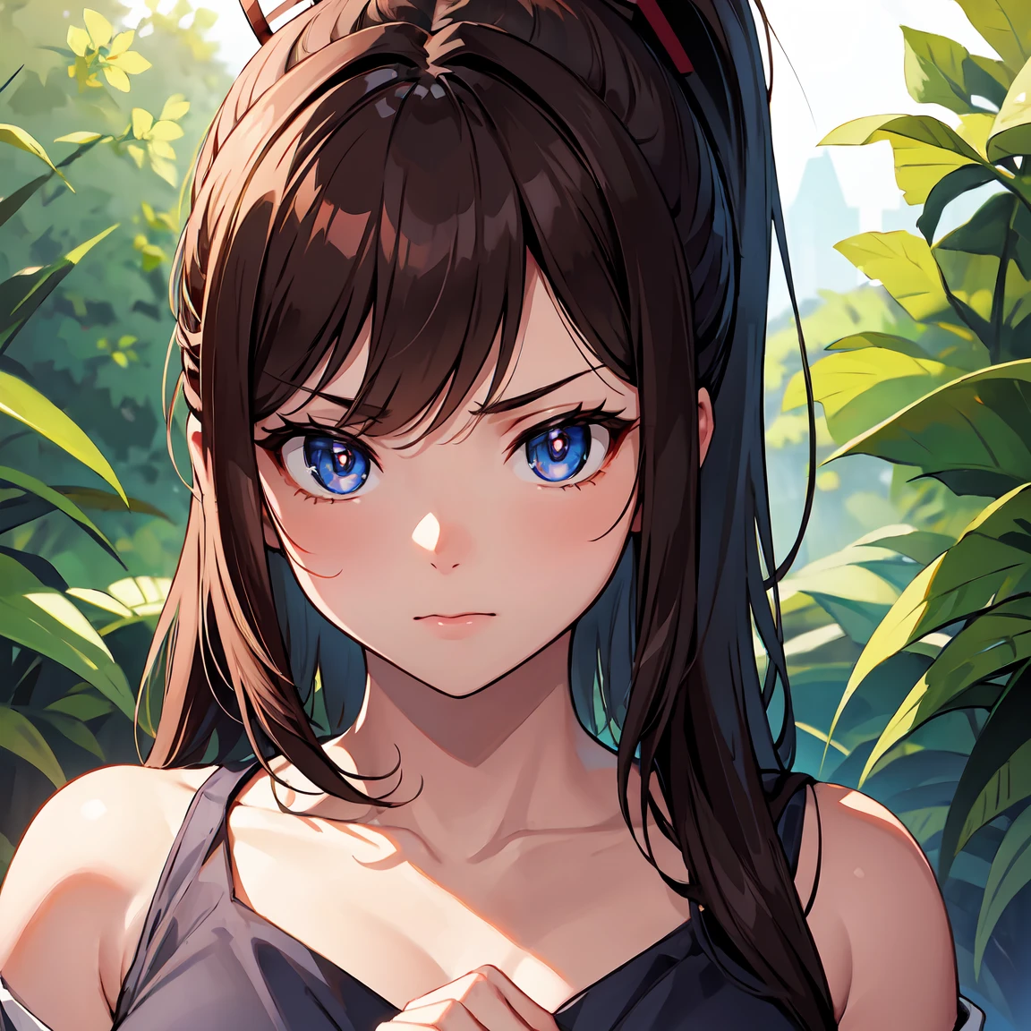 SentoIsuzu,brown hair, brown eyes, long hair, antenna hair, ponytail, hair bow,large breast, BREAK (school uniform , bare shoulders:1.2), BREAK angry looking face、Shyness、up chest、solo,、breastsout(camel's toe)、highleg, BREAK (masterpiece:1.2), best quality, high resolution, unity 8k wallpaper, (illustration:0.8), (beautiful detailed eyes:1.6), extremely detailed face, perfect lighting, extremely detailed CG, (perfect hands, perfect anatomy),
