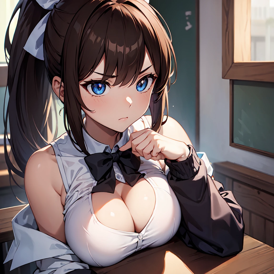 SentoIsuzu,brown hair, brown eyes, long hair, antenna hair, ponytail, hair bow,large breast, BREAK (school uniform , bare shoulders:1.2), BREAK angry looking face、Shyness、up chest、solo,、breastsout(camel's toe)、highleg, BREAK (masterpiece:1.2), best quality, high resolution, unity 8k wallpaper, (illustration:0.8), (beautiful detailed eyes:1.6), extremely detailed face, perfect lighting, extremely detailed CG, (perfect hands, perfect anatomy),
