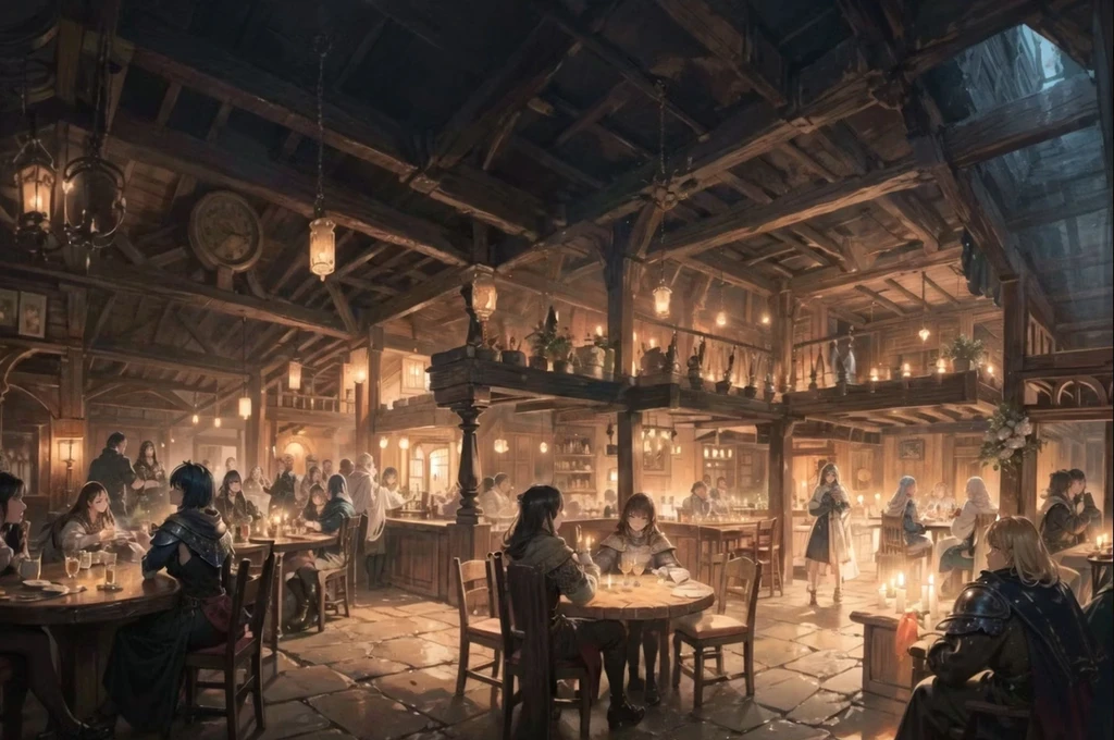 masterpiece,best quality,ultra-detailed,hallyu, in the dark,8k, (detailed and structured pattern),a group of adventurers sitting together at a long table in a medieval tavern, round tables, chairs, candles, a steadfast and audacious female warrior captivates with her luminous light blue glowing eyes. Draped in an intricately crafted armor adorned with opulent icy gem stones, smoke in the air, bar, fireplace, stairs leading up, shields on the wall, ((perfect hands)), perfect faces, FanTav, epiCPhoto(stink eye:0.5), the girl in the middle has 2 legs visible under the table