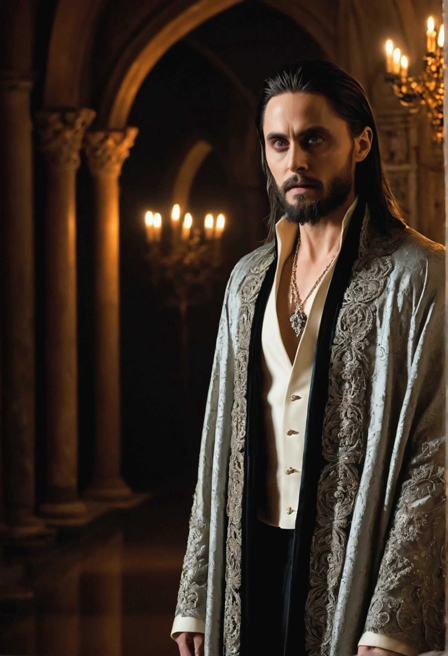 Jared Leto portrays the Vampire King in a magnificent Gothic palace, steeped in mystery and darkness. The palace, with its dark stone walls and imposing arches, is illuminated by antique chandeliers that cast a soft, dancing light, creating dramatic shadows that accentuate the opulence of the setting. Colored stained glass windows filter the light, casting vibrant patterns on the stone floor, while the shadows add a layer of enigma to the setting. Dressed as the Vampire King, Leto displays a sinister attire. His long, flowing robe, adorned with velvet and lace details, flows around him as he moves with an almost supernatural grace. The costume is complemented by sophisticated accessories, such as silver rings and a necklace that sparkles with precious stones, reflecting his position of power. His meticulously detailed face displays an expression that blends charm and danger. His intense and piercing eyes reveal a depth that suggests both seduction and threat. Dark, slightly disheveled hair frames his face, while a well-groomed beard adds a touch of masculinity to his appearance. The palace’s low, mysterious lighting enhances the somber atmosphere, with a subtle glow reflecting off the stone surfaces, creating an almost ethereal effect. Every element of the setting, from the intricate details of the palace to the ornaments along your path, is carefully crafted to convey the essence of a world where the otherworldly and the elegant collide.