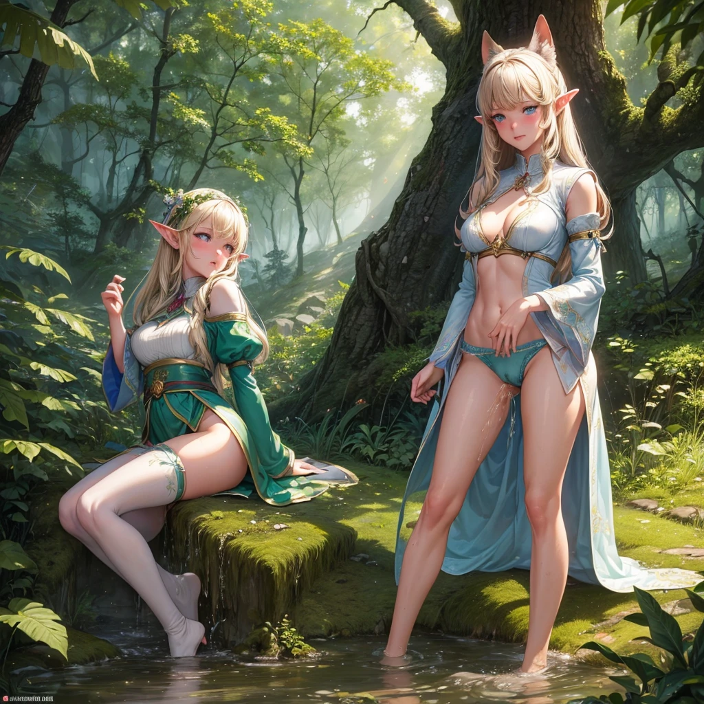 ((masterpiece,Highest quality;1.3,best illustration,realistic)), elf girls, elf ears, blushing, mouths open in arousal, incontinence、peeing pee stains, wet panties, ensemble in the forest, campfire.