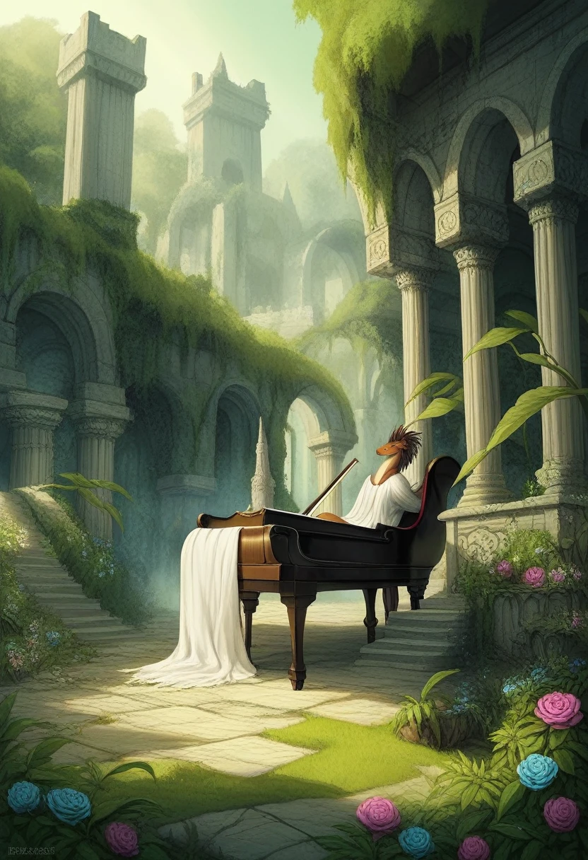 Imagine an evocative scene where an Emo-Girl Princess is playing a grand piano amidst ancient, crumbling ruins in a dense forest. The princess wears a torn, black velvet gown with silver embroidery, her curly, dark hair adorned with small flowers and leaves. Her makeup is dark and intense, with a look of sorrow and resolve in her eyes as she plays.
Around her, the ruins of a once-great castle are overgrown with vines and moss. Several massive dragons lie among the ruins, their scales blending with the moss-covered stones. Some dragons watch her intently, while others sleep peacefully, their breaths creating gentle plumes of smoke.
The setting is lit by the soft glow of bioluminescent plants and the occasional flicker of fireflies. The music from the piano fills the air, mingling with the sounds of the forest and the subtle movements of the dragons, creating a haunting and mystical ambiance that resonates with the history and mystery of the ancient ruins.