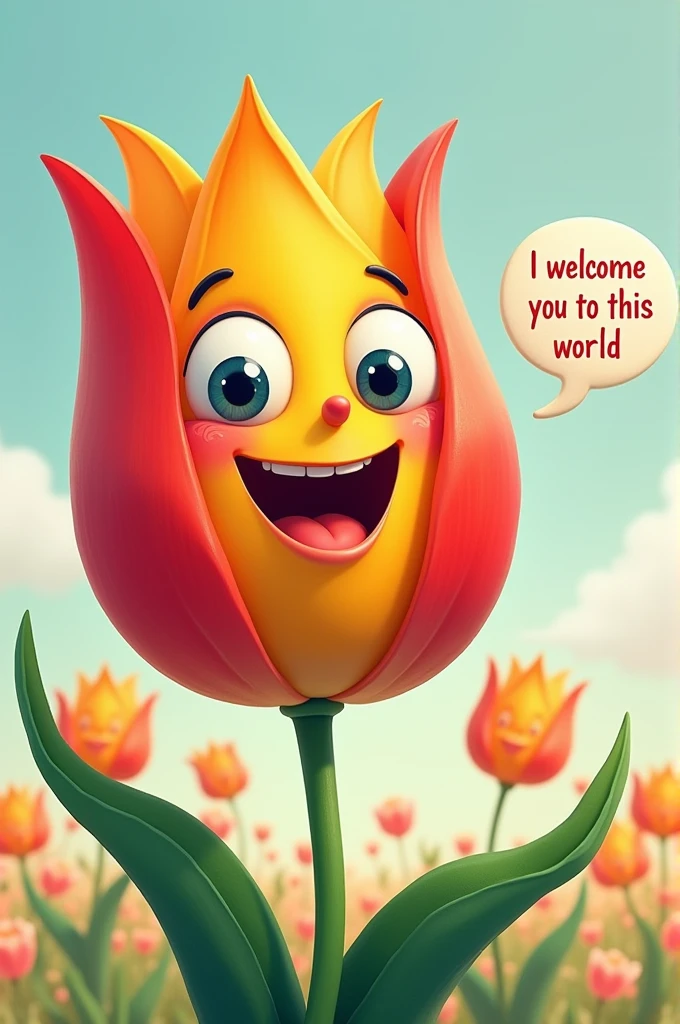 a whimsical and vibrant scene of a tulip with a cheerful, expressive face. The tulip should have large, friendly eyes, a small nose, and a wide, animated mouth, as if it's in the middle of a lively conversation. talking bubble on right which say "I welcome you to this world", The tulip's petals should be colorful, with a slight gradient from deep red at the tips to yellow near the base