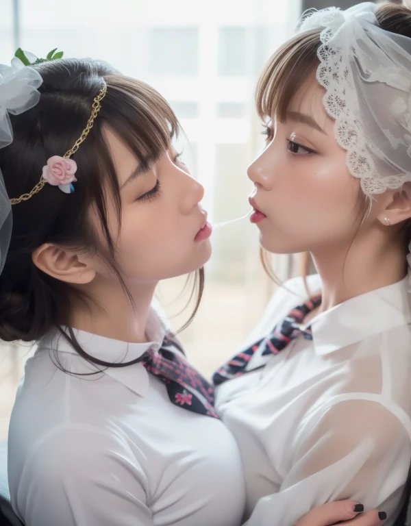 8k,masterpiece,Japanese,Highest quality, two (Female student:1.1), (kiss:1.4), (reluctantly:1.6), saliva