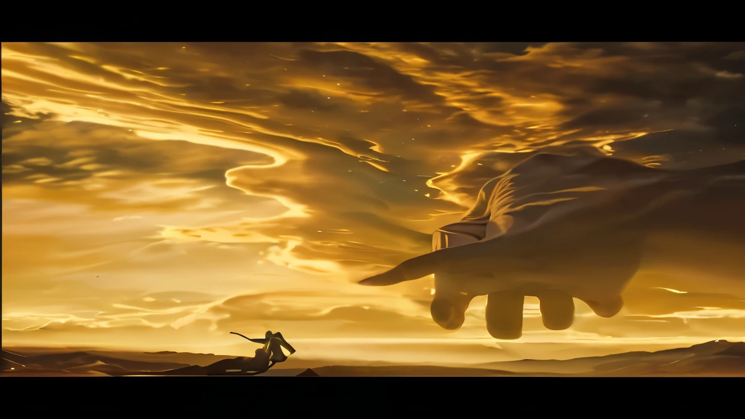 Image of a large hand descending from the sky and meeting man, impactful image