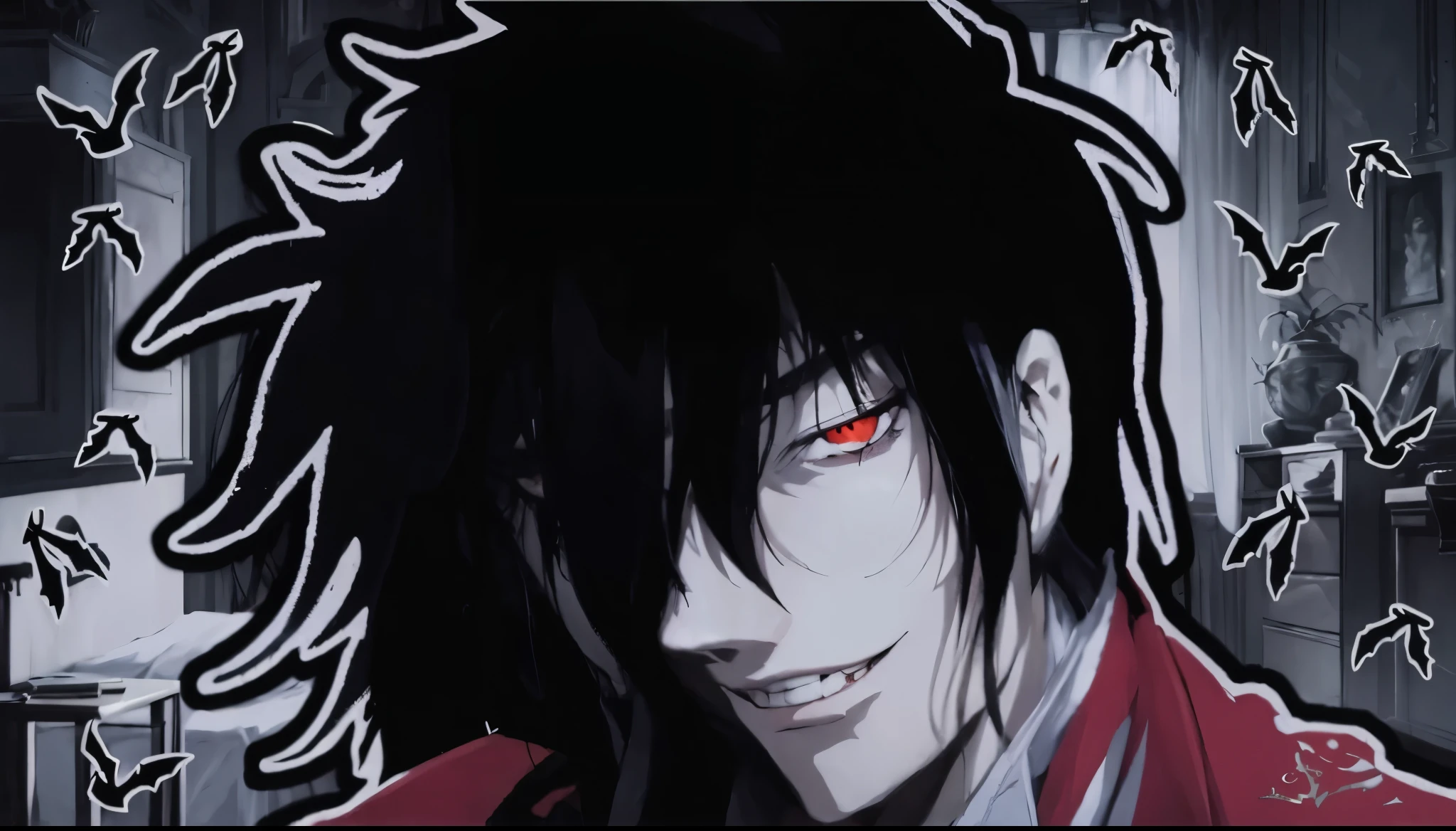 Alucard, vampire, long hair, bats flying 