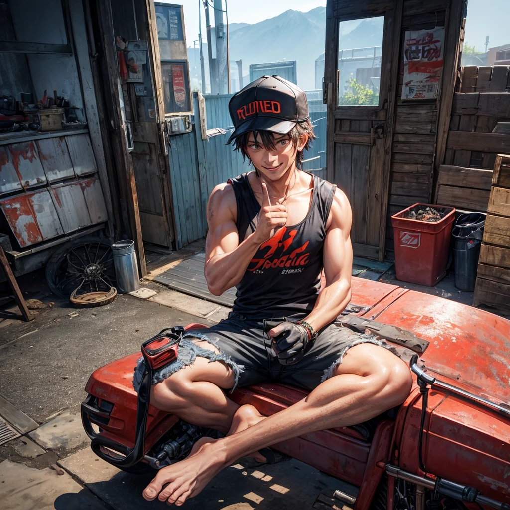 t Realistic 4D Caricature, Miniature Diorama of a motorbike repair shop with a rusty tin roof, a shabby rusty blue rolling door door, there is a red oil drum splattered with black oil. In front of it is the writing "bolt dol motorbike repair shop" Indonesian man looks cheerful wearing a black baseball cap, wearing a shirt
Shabby T-shirt, shabby shorts, flip-flops, rusty black Honda CB motorbike, looks simple, black gradient background UHD, 8k